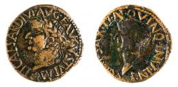 CARTHAGO NOVA. As. Tiberio. A/ Cabeza laureada a der.; TI CAESAR DIVI AVG F AVGVSTV P M. R/ Cabeza a izq.; C CAESAR TI N QVIN V I N K. AE 14,56 g. 31 mm. RPC-182. APRH-182n. ACIP-3152ñ. CC-4414, mismo ejemplar. MBC-/BC+.