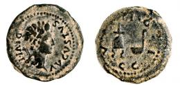 ACCI. Semis. Augusto. A/ Cabeza laureada a der.; AVGVSTVS DIVI F. R/ Apex y simpulum; C I G / ACCI. AE 7,44 g. 23 MM. RPC-136. APRH-136. ACIP-3004. CC-4334, mismo ejemplar. Pátina oscura terrosa. MBC-. Escasa.
