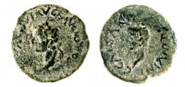 CARTHAGO NOVA. Semis. Tiberio. A/ Cabeza laureada a izq., delante lituus no visible; (TI CAESAR) AVG F AVGVSTVS (P M). R/ Cabeza a izq.; C CA(ESAR TI N QVINQ IN V I N K). AE 6,77 g. 23 mm. RPC-183. APRH 183 vte. Ley. ACIP-3153. CC-4416, mismo ejemplar*. MC/RC. Muy escasa.