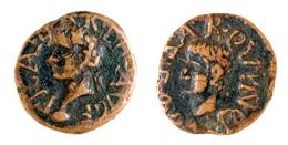 CARTHAGO NOVA. Cuadrante. Tiberio. A/ Cabeza laureada a izq.; TI CAESAR DI(VI) AVG F. R/ Cabeza a izq.; (C) CAESAR QVINQ (N K). AE 2,63 g. 17 mm. RPC-184. APRH-184b. ACIP-3154a. CC-4417, mismo ejemplar corr. MBC-. Rara.
