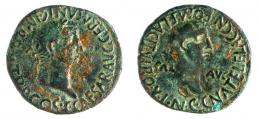 CARTHAGO NOVA. As. Calígula. A/ Cabeza laureada a der.; C CAESAR AVG GERMANIC IMP P M TR P COS. R/ Cabeza femenina a der.; CN ATEL FLAC CN POM FLAC II VIR QVINC, SAL-AVG. AE 11,61 g. 30 mm. RPC-185. APRH-185. ACIP-3155. CC-4420, mismo ejemplar. Concreciones. Pátina verde. MBC-. Escasa.