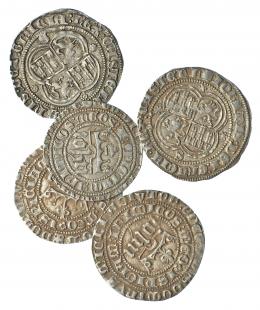 REINOS DE CASTILLA Y LEÓN. Lote de 5 monedas de 1 real de Juan I de Sevilla.