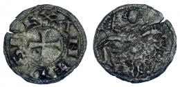 684 - REINOS DE CASTILLA Y LEÓN. ALFONSO VIII. Óbolo-meaja. Toledo. A/ ANFVS REX. R/ Jinete con palma; TOLE en lectura interna entre las patas del caballo. VE 0,39 g. 11,7 mm. III-180. BMM-266. MM-A8:8.1(R8). BC+. Rara. Ex HSA 257. Ex Vico 10-2012, lote 667.