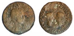 7 - ACCI. Dupondio. Tiberio. A/ Cabeza a der.; TI CAESAR AVGVSTI F. R/ Cabezas afrontadas de Germánico y Druso; (C) I A G GERMANICO (ET DR)VSO CAES, en campo II/VIR. Contramarca CS. AE 21,61 g, 34 mm. RPC-137. APRH-137. ACIP-3005. CC-4338, mismo ejemplar. Erosiones. BC+/MBC-. Rara.