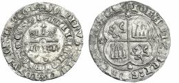 721 - REINOS DE CASTILLA Y LEÓN. JUAN I. Real. Coruña A/ + DOMINUS: MICHI: ADIUTOR: ET EGO I/IPICII AE: INIMIOS: MEOS, venera bajo el anagrama del rey. R/ + IOHANIS: DEI: GRAUS: REX: CAST con las eses invertidas, castillos y leones cambiados. AR 3,04 g. 27,3 mm. III-No. BMM-800.4 vte. Aparentemente con el mismo cuño del rev. que la referenciada en BMM. Oxidaciones limpiadas. MBC+. ¿Única?