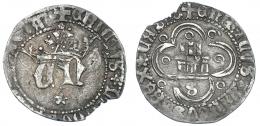754 - REINOS DE CASTILLA Y LEÓN. ENRIQUE IV. 1/2 real. Sevilla. ENRICUS QARTUS al comienzo de las ley. de anv. y rev. AR 1,58 g. 20,4 mm. III-701.4. BMM-917.3. Rotura al borde. MBC. Rara.