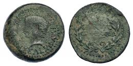 ACCI. Dupondio. Tiberio. A/ Cabeza laureada a izq.; TI (CAES)AR DIVI AVG F AVGVSTVS. R/ Corona cívica rodeando (COL I)VL/(GE)M ACCI. AE 34,14 g. 35 mm. RPC-138. APRH-138. ACIP-3006. CC-4339, mismo ejemplar. Amplios vanos de acuñación. Pátina verde. MBC-. Rara.