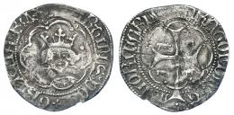 800 - CORONA DE ARAGÓN. MARTÍN EL HUMANO (1396-1410). 1/2 real. Mallorca. Marca: bueyes en anv. y rev. AR 1,48 g. 20,2 mm. IV-520. Raya en rev. BC+. Muy escasa.