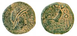 SAGUNTUM. As. C. 50 a.C. A/ Cabeza femenina con casco a der.; L AEM (BAE AED COL). R/ Proa a der., delante caduceo, encima (SA)GV. AE 11,76 g. 28 mm. RPC-S2-1-199A. APRH-199A. ACIP-2013. CC-4446, mismo ejemplar. Pátina verde. BC+/BC. Rara.