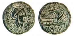 SAGUNTUM. As. C. 50 a.C. A/ Cabeza femenina con casco a der.; CN BAEBI GLAB L CALPVRN (AED C S). R/ Proa a der., delante caduceo, encima Victoria, debajo SAGV. AE 23,56 g. 33 mm. RPC-S2-1-199. APRH-199Ca. ACIP-2015. CC-4449, mismo ejemplar. Pátina verde oscuro. MBC-/MBC. Rara.