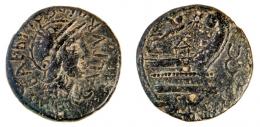 SAGUNTUM. As. C. 50 a.C. A/ Cabeza femenina con casco a der.; L CALPVR AED COL CN BAEBI. R/ Proa a der., delante caduceo, encima Victoria, debajo SAGV. AE 13,75 g. 29 mm. RPC-S2-1-199C. APRH-199Cb, este ejemplar ilustrado. ACIP-2016. CC-4450, mismo ejemplar. Pátina verde oscuro con erosiones. MBC-. Rara.