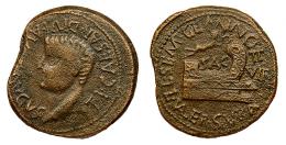 SAGUNTUM. Dupondio. Tiberio. A/ Cabeza a izq.; TI CAESAR DIVI AVG F AVGVS. R/ Proa a der., encima SAG y victoria, delante II/VIR; L SEMP GEMINO L VALER SVRA II VIR. AE 15,03 g. 29 mm. RPC-201. APRH-201c. ACIP-3236b. CC-4453, mismo ejemplar. Cospel irregular. MBC-/MBC. Muy rara.