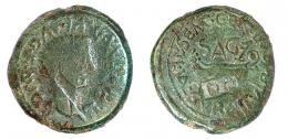 SAGUNTUM. As. Tiberio. A/ Cabeza a der.; TI CAESAR DIVI AVG F AVG. R/ Galera a der.; encima SAG; L SEMP GEMINO VAL SVRA II VIR. Contramarca DD. AE 15,85 g. 28 mm. RPC-202. APRH-202e. ACIP-3237d. CC-4456, mismo ejemplar. Rayita en anv. Pátina verde. BC+/MBC.