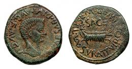 SAGUNTUM. As. Tiberio. A/ Cabeza a der.; TI CAESAR DIVI AVG F AVGV. R/ Galera a der.; encima SAG; L SEMP GEMINO VAL SVRA II VIR. AE 11,23 g. 26 mm. RPC-202. APRH-202g. ACIP-3237f. CC-4459, mismo ejemplar. Pátina verde. MBC.