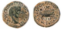 SAGUNTUM. As. Tiberio. A/ Cabeza a der.; TI CAESAR DIVI AVG F AVGVS. R/ Galera a der.; encima SAG; L SEMP GEMINO VAL SVRA II VIR. Contramarca DD. AE 13,42 g. 28 mm. RPC-202. APRH-202h. ACIP-3227g. CC-4460, mismo ejemplar. Pátina verde. BC+/MBC-.