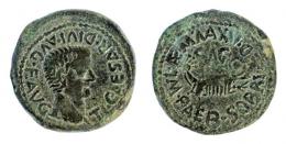 SAGUNTUM. Semis. Tiberio. A/ Cabeza a der.; TI CAESAR DIVI AVG F AVG. R/ Galera a der., encima SAG; L AEM MAX V M BAEB SOBRI AED. AE 6,09 g. 25 mm. RPC-204. APRH-204c. ACIP-3239b. CC-4463, mismo ejemplar. Pátina verde. MBC-. Escasa.
