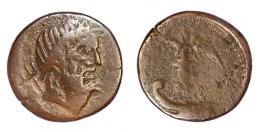 SAGUNTUM. As. Finales s. I a.C. A/ Cabeza de Neptuno a izq., detrás tridente. R/ Proa a izq., encima Victoria con corona y palma; (MA-POL), ley. Griega no visible. AE 12,10 g. 28 mm. RPC-485. APRH-485. ACIP-2027. CC-4466, mismo ejemplar. MBC-/RC. Muy rara.