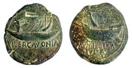 DERTOSA. As. Augusto. A/ Nave a izq.; MVN HIBERA/IVLIA. R/ Nave a der.; ILERCAVONIA. Contramarca espiga a der. AE 10,29 g. 26 mm. RPC-205. APRH-205b. ACIP-1219. CC-4468, mismo ejemplar. Pátina verde. MBC-/MBC. Muy escasa.
