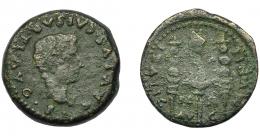 104 - HISPANIA ANTIGUA. ITÁLICA. Semis. Tiberio. A/ Cabeza de Druso a der. R/ Aquila y vexillum entre dos signa; MVNIC-ITALIC-PE-R/ AV-G. AE 7,61 g. 23,4 mm. RPC-71. APRH-71.I-1596. ACIP-3340. BC+.