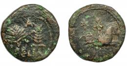 109 - HISPANIA ANTIGUA. LAELIA. As. A/ Jinete a der., detrás estrella. R/ Palma y espiga, en medio A, debajo LAELIA. AE 29,46 g. 31,9 mm. I- 1646. ACIP-2361. Limpieza mecánica. BC+. Muy escasa.