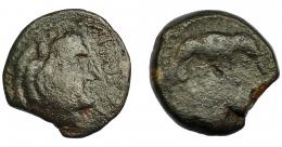 116 - HISPANIA ANTIGUA. LASCUTA. Unidad. A/ Cabeza de Melkart con leonté a derecha, delante (LAS)CVT. R/ Elefante a der., debajo ley. no visible. AE 8,39g. 22,4 mm. I-1670. ACIP-947. BC/RC. Rara.