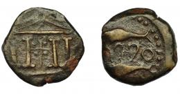 16 - HISPANIA ANTIGUA. ABDERA. Unidad. A/ Templo tetrástilo. R/ Dos atunes a der., en medio ley. púnica ´bdrt. AE 6,99 g. 22,5 mm. I-10. ACIP-874. MBC. Escasa.