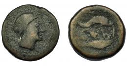 17 - HISPANIA ANTIGUA. ABDERA. Mitad. A/ Cabeza con casco a der. R/ Atún y delfín a izq., en medio ley. púnica `bdrt. AE 6,67 g. 18,9 mm. I-17. ACIP-879. BC-. Muy rara.