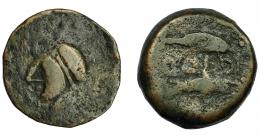 HISPANIA ANTIGUA. ABDERA. Mitad. A/ Cabeza con casco a izq. R/ Delfín y atún a izq., en medio ley. púnica 'bdrt. AE 5,23 g. 19,9 mm. BC/BC-. Muy rara.