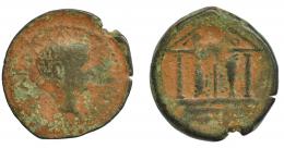 20 - HISPANIA ANTIGUA. ABDERA. As. Tiberio. A/ Cabeza laureada a der. R/ Templo tetrástilo, las dos columnas centrales en forma de atún; en el tímpano ley. púnica 'bdrt. AE 8,71 g. 27,1 mm. RPC-124. APRH-124. I-24. ACIP-3303. RC/BC.