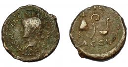 26 - HISPANIA ANTIGUA. ACCI. Semis. Tiberio. A/ Cabeza laureada a der. R/ Instrumentos sacerdotales; C I G/ ACCI. AE 7,32 g. 23,7 mm. RPC-140. APRH-140. I-40. ACIP-3008. BC+/MBC-.
