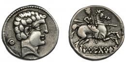 33 - HISPANIA ANTIGUA. AREKORATAS. Denario. R/ Marca letra ibérica Ku. R/ Jinete lancero a der. con un pie visible; debajo sobre línea AREKoRATa. AR 4,12 g. 18 mm. I-105. ACIP-1771. Hojita en rev. MBC.