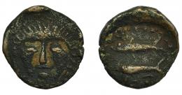 35 - HISPANIA ANTIGUA. ASIDO. Semis. A/ Cabeza frontal de Melkart con leonté. R/ Dos atunes a izq., debajo ley. libio-fenicia b'b'l. AE 4,67 g. 19,3 mm. I-156. ACIP-919. MBC-/BC+. Muy escasa.