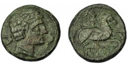 39 - HISPANIA ANTIGUA. BILBILIS. As. A/ Cabeza masculina a der., delante delfín y detrás letra ibérica S. R/ Jinete lancero a der., debajo ley. ibérica BiLBiLIS. AE 12,56 g. 26 mm. I-254. ACIP-1568. Pátina verde oscuro. MBC-.
