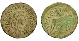 42 - HISPANIA ANTIGUA. CALAGURRIS. As. Tiberio. A/ Cabeza laureada a der. R/ Toro a der.; M C I / C CELERE/ C RECTO/ II/ VIR. RPC-450. APRH-450c. I-430. ACIP-3130b. Pátina verde claro. MBC-.