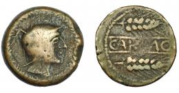 46 - HISPANIA ANTIGUA. CARMO. As. A/ Cabeza con casco a der., alrededor láurea R/ Dos espigas a der., en medio CARMO. AE 20,07 g. 29,9 mm. I-454. ACIP-2382. BC+.