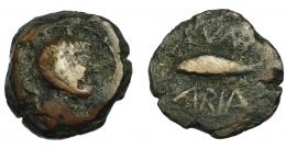 59  -  HISPANIA ANTIGUA. CUMBARIA. Semis. A/ Cabeza masculina a der., detrás delfín. R/ Atún a izq., CVNB/ARIA. AE7,77 g. 20,6 mm. I-880. ACIP-2620. BC/BC+.