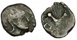 65 - HISPANIA ANTIGUA. FLORENTIA-ILIBERRI. As. A/Cabeza masculina a der. R/ Esfinge a der., alrededor ley. ibérica ILTuRIR. AE 23,5 mm. 9,05 g. I-1496. ACIP-2294. Vanos. BC+.