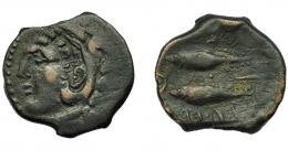 72 - HISPANIA ANTIGUA. GADIR. Unidad. A/ Cabeza de Melkart a izq. R/ Dos atunes a izq., en medio creciente, glóbulo y aleph. AE 7,15 g. 29,8 mm. I-1339. ACIP-665. MBC.