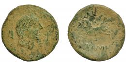 83 - HISPANIA ANTIGUA. IKALESKEN. As. A/ Cabeza masculina a der.; detrás timón, delante caduceo. R/ Jinete con rodela y lanza a izq.; debajo IKaLKuNSKeN. AE 15,46 g. 31,1 mm. I-1417. ACIP-2092. Pátina verde claro rugosa. BC+. Rara.