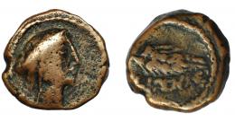 93 - HISPANIA ANTIGUA. ILIPA. Cuadrante. A/ Cabeza femenina con tocado a der. R/ Espiga a der., debajo ILIPENSE. AE 18 mm. 5,41 g. I-1543. ACIP-2342. BC/BC+. Rara.