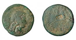 10 - COLECCIÓN CORES. BILBILIS. AUGUSTO. As. A/ Cabeza laureada a der.; delante AVGVSTVS DIVI F. R/ Jinete lancero a der., debajo BILBILIS. Contramarca cabeza de águila en anv. y LA nexadas en rev. AE 10,81 g. 28 mm. RPC-S5 391/37, mismo ejemplar. APRH-391a. ACIP-3016. CC-4831, mismo ejemplar. Pátina verde. La moneda RC, los resellos MBC.
