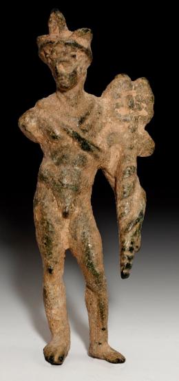ARQUEOLOGÍA. ROMA. Imperio Romano. Figura de Mercurio (I-II d.C.). Bronce. Sujeta caduceo. Altura 7,4 cm. Falta un brazo.