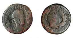 12 - COLECCIÓN CORES. BILBILIS. AUGUSTO. As. A/ Cabeza laureada a der.; AVGVSTVS DIVI F PATER PATRIAE. R/ Corona cívica rodeando II VIR; alrededor MVN AVGVSTA BILBILIS, M SEMP TIBERI L LICI VARO. Contramarca cabeza de águila en anv. AE 10,48 g. 28 mm. RPC-392. APRH-392b. ACIP-3017a. CC-4835, mismo ejemplar. BC.