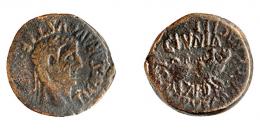 COLECCIÓN CORES. CLUNIA. TIBERIO. Semis. A/ Cabeza laureada a der.; TI CAESAR AVGVSTI F. R/ Jabalí a der., encima CLVNIA, alrededor L SEMP RVF CN AE GRACILI AED. AE 5,29 g. 21 mm. RPC-455. APRH-455. ACIP-3175. CC-5101, mismo ejemplar. MBC-. Muy rara.