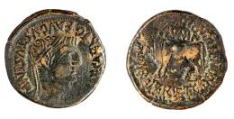 COLECCIÓN CORES. CLUNIA. TIBERIO. As. A/ Cabeza laureada a der.; TI CAESAR AVG F AVGVSTVS IMP. R/ Toro a izq., encima CLVNIA, alrededor L IVL RVF T CALP CON T POMP LON P IVL AVI IIII VIR. AE 12,80 g. 29 mm. RPC-456. APRH-456. ACIP-3176. CC-5104, mismo ejemplar. Pátina oscura. MBC-/MBC. Escasa.