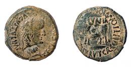 COLECCIÓN CORES. CLUNIA. TIBERIO. As. A/ Cabeza laureada a der.; TI CAESAR AVG F AVGVSTVS IMP. R/ Toro a izq., encima CLVNIA, alrededor L IVL RVF T CALP CON T POMP LON P IVL AVI IIII VIR. Contramarca jabalí en anv. y otra en rev. AE 12,96 g. 29 mm. RPC-456. APRH-456. ACIP-3176. CC-5105, mismo ejemplar. Pátina oscura. MBC-.