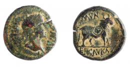 COLECCIÓN CORES. ERCAVICA. AUGUSTO. As. A/ Cabeza laureada a der.; AVGVSTVS DIVI F. R/ Toro a der.; MVN ERCAVICA. contramarca A dentro de círculo en rev. AE 13,20 g. 29 mm. RPC-459. APRH-459a. ACIP-3186. CC-5116, mismo ejemplar. Grieta. BC-/MBC-.