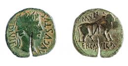 COLECCIÓN CORES. ERCAVICA. AUGUSTO. As. A/ Cabeza laureada a der.; AVGVSTVS DIVI F. R/ Toro a der.; MVN ERCAVICA. Contramarca en rev. AE 8,44 g. 27 mm. RPC-459. APRH-459a. ACIP-3186. CC-5117, mismo ejemplar. Pátina verde. Grieta. MBC-.