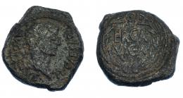 COLECCIÓN CORES. ERCAVICA. TIBERIO. Semis. A/ Cabeza laureada a der.; TI CAESAR AVGVSTVS. R/ Láurea rodeando ERCA/VICA. AE 9,43 g. 30 mm. RPC-463. APRH-463. ACIP-3190. CC-5125, mismo ejemplar*. Erosiones en anv. BC+. Muy rara.
