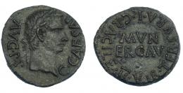 COLECCIÓN CORES. ERCAVICA. CALÍGULA. Semis. A/ Cabeza laureada a der.; C CAESAR AVG P P. R/ MVN/ ERCAV, alrededor TER SVRA L CRACILE II VIR. AE 3,56 g. 20 mm. RPC-467. APRH-467a. ACIP-3194. ACIP-5129, mismo ejemplar. Pátina verde. MBC+/EBC-. Muy rara.